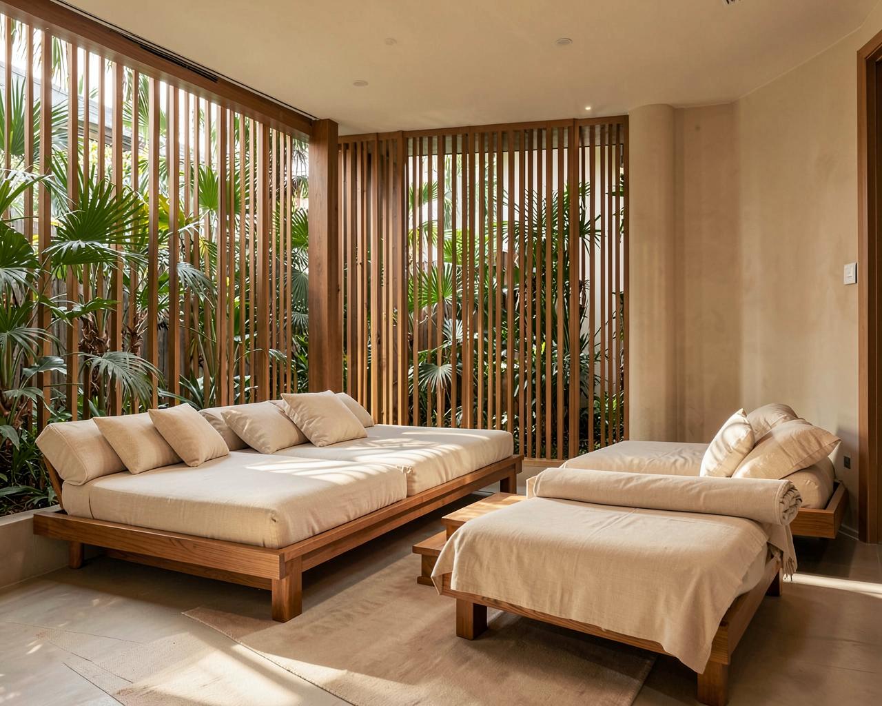 Relaxation lounge with linen daybeds and tropical greenery