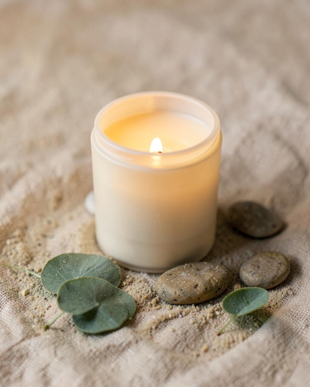 Candle, river stones and eucalyptus spa details