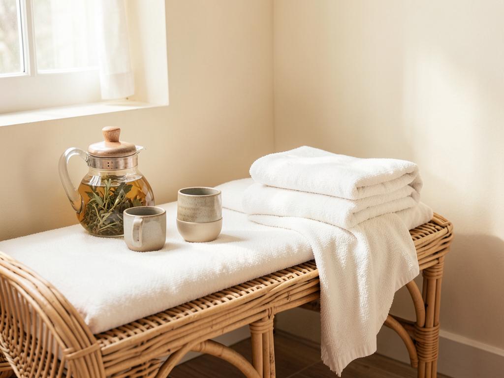 Relaxation lounge with herbal tea and rattan bench
