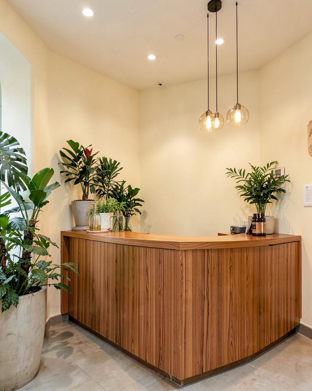 Warm timber reception counter with tropical plants