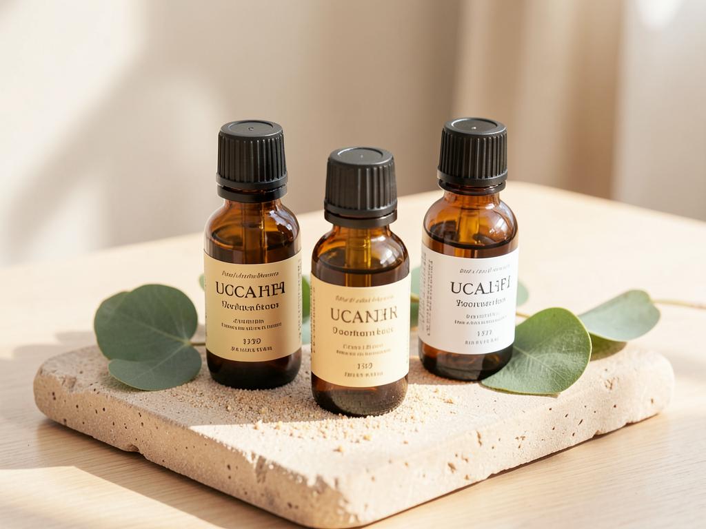 Amber essential oil bottles with eucalyptus leaves on a stone tray