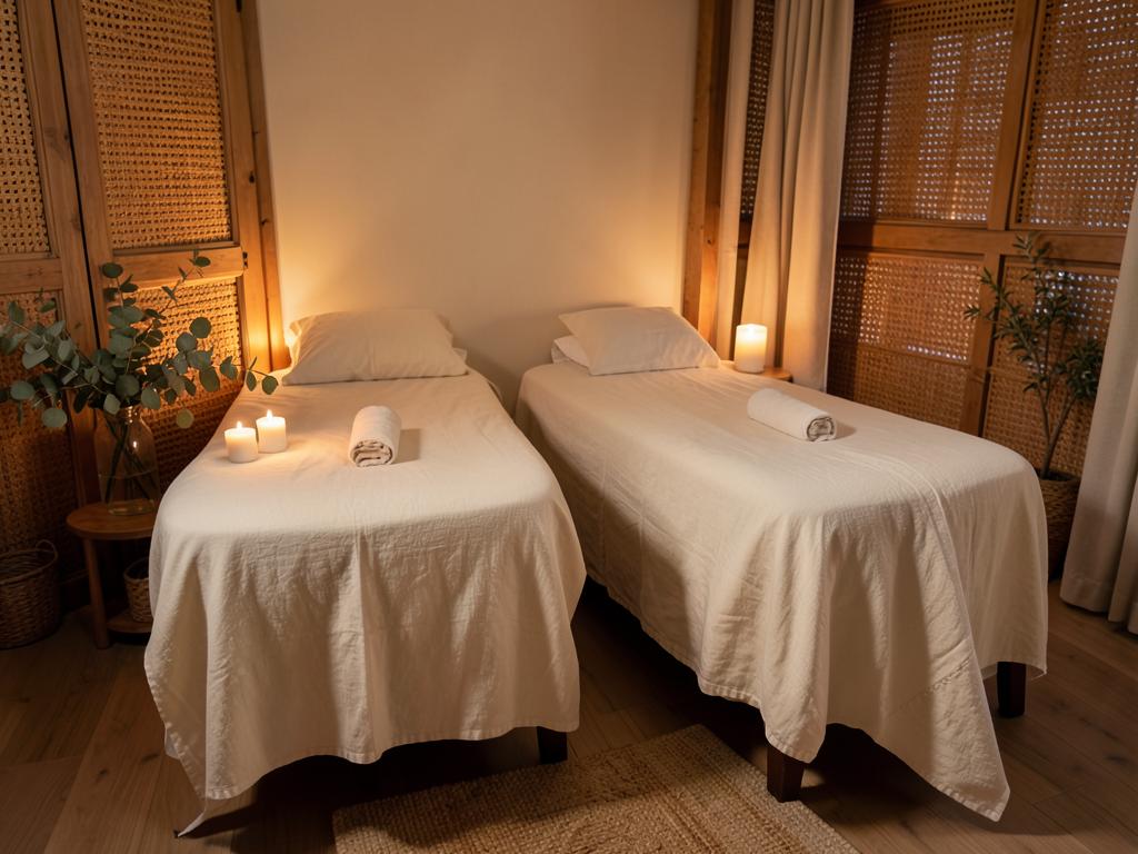 Couples suite with two side-by-side massage beds and candlelight