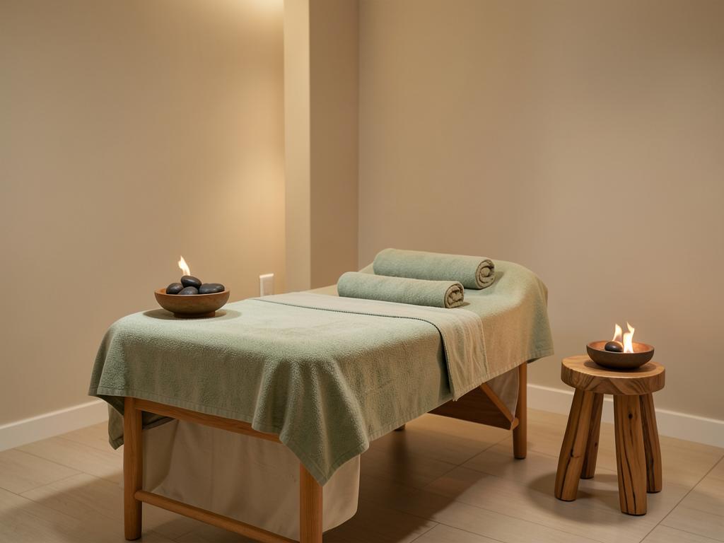 Calm therapy room with massage table and rolled sage towels