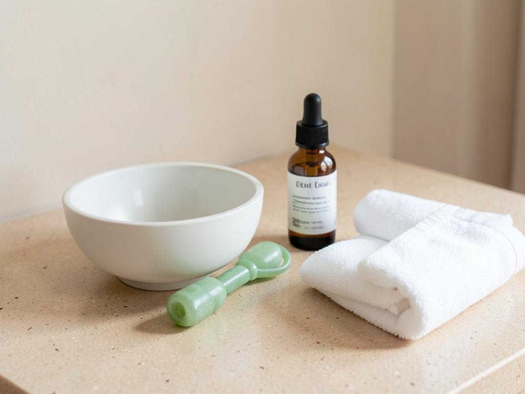 Facial treatment tools, serum bottle and folded white cloths