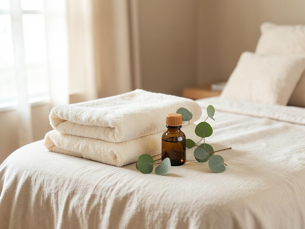 Folded ivory towels and massage oil on a linen massage bed